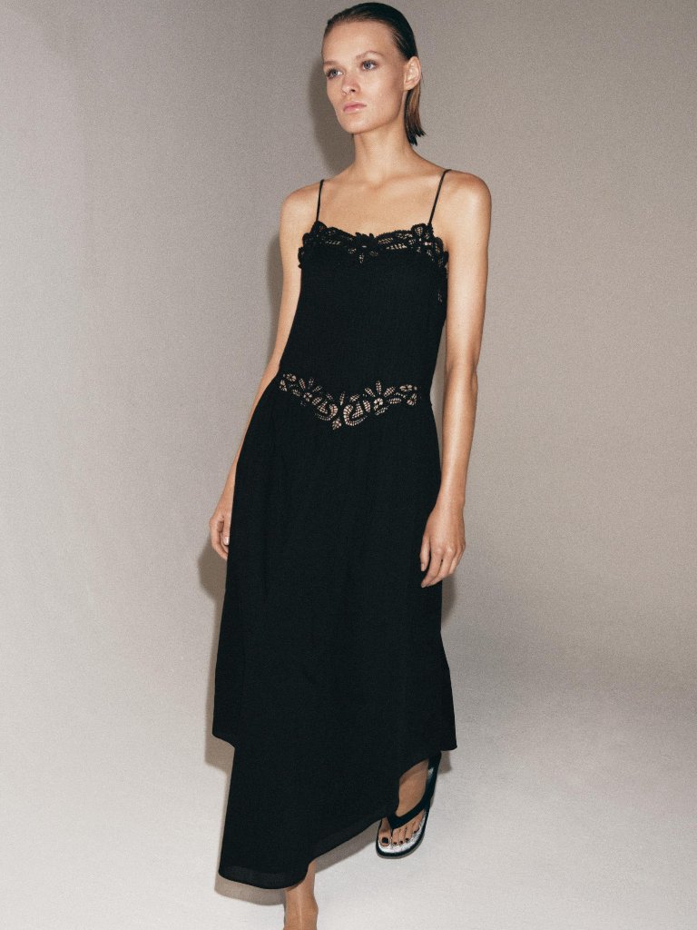 Zara Woman Collection Pintuck Stitched Cotton Lace Midi Dress In Black Med Nwt